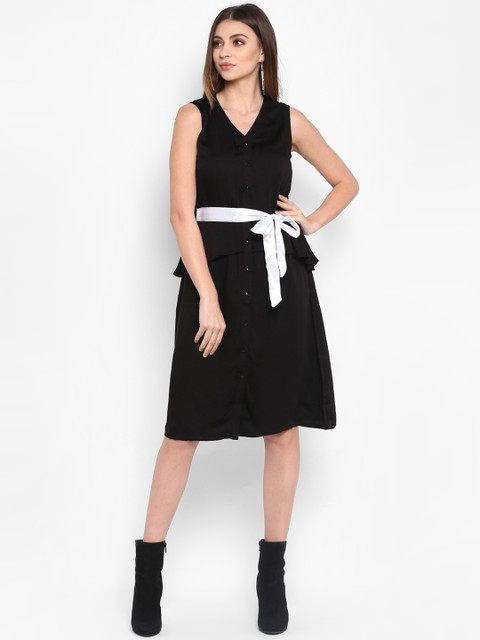 

FOSH Women Black Solid A-Line Dress