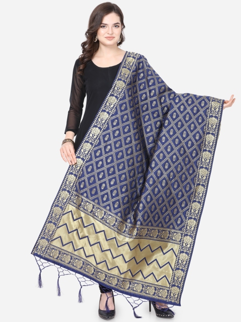 

Satrani Navy Blue & Gold-Toned Woven Design Banarasi Dupatta