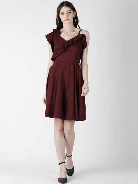 

AARA Women Burgundy Solid A-Line Ruffle Dress
