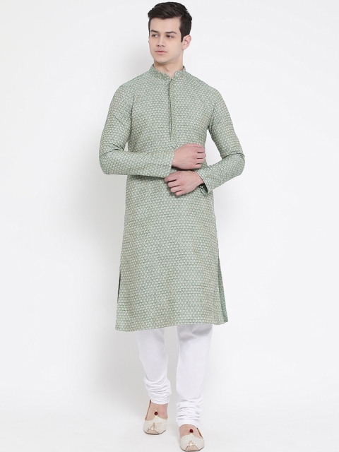 

NAMASKAR Men Green & Off-White Woven Design Straight Kurta