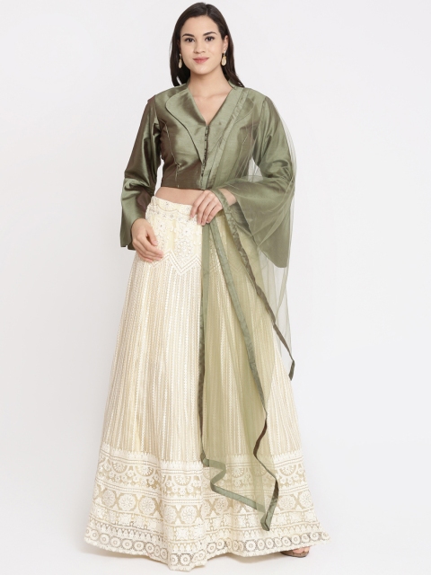 

Koskii Cream-Coloured & Green Solid Ready to Wear Lehenga & Blouse with Dupatta