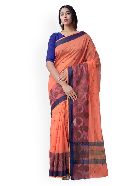 

Unnati Silks Orange & Blue Silk Cotton Woven Design Handcrafted Kanjeevaram Saree