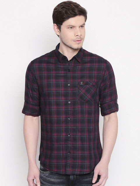 

Mufti Men Burgundy & Black Checked Slim Fit Casual Shirt