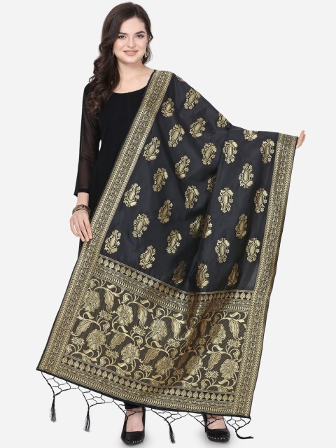 

Satrani Black & Gold-Toned Woven Design Banarasi Dupatta