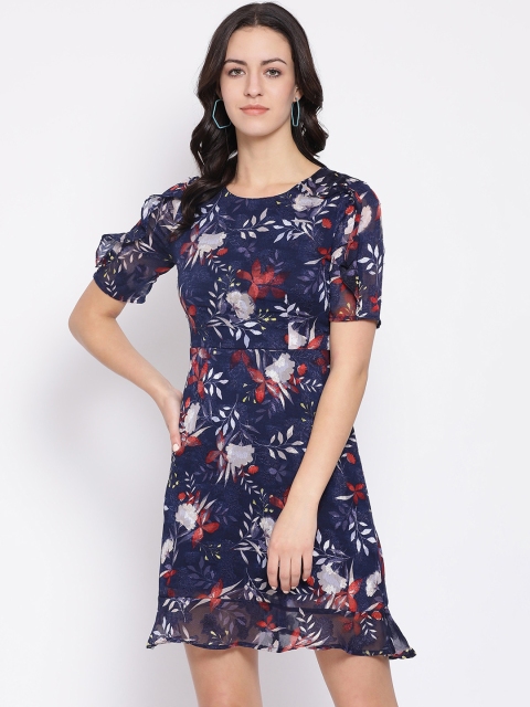 

Oxolloxo Women Navy Blue & White Floral Print A-Line Dress