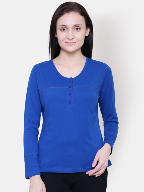 

Yaadleen Women Blue Solid Henley Neck T-shirt