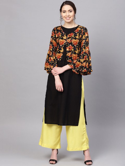 

Myshka Women Black Solid Straight Kurta With Floral Shrug