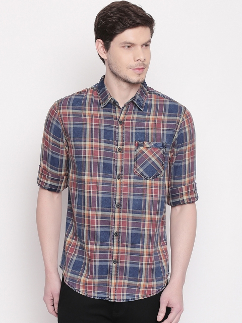 

Mufti Men Blue & Rust Checked Slim Fit Casual Shirt
