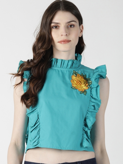 

AARA Women Sea Green Solid Styled Back Crop Top