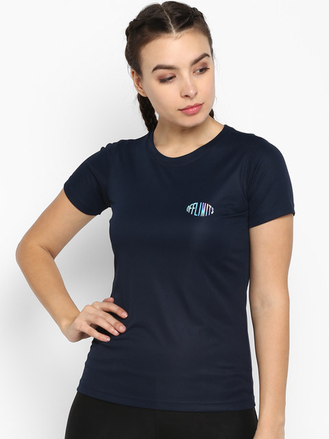 

OFF LIMITS Women Navy Blue Solid Round Neck Slim Fit T-shirt