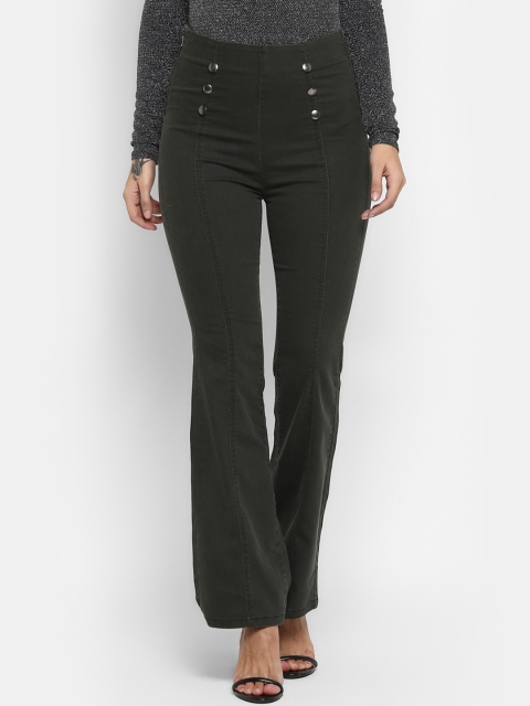 

FOSH Women Olive Green Straight Fit Solid Bootcut Trousers