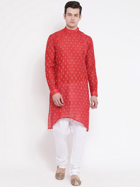

NAMASKAR Men Red & Gold-Toned Woven Design Straight Silk Kurta