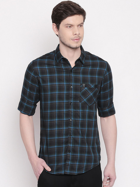

Mufti Men Teal Blue & Black Slim Fit Checked Casual Shirt