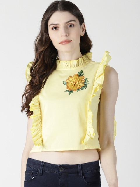 

AARA Women Yellow Embroidered Styled Back Top