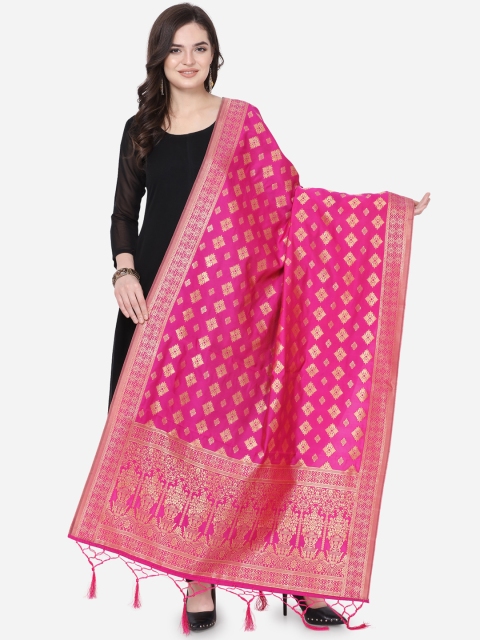 

Satrani Pink & Gold-Toned Woven Design Banarasi Dupatta