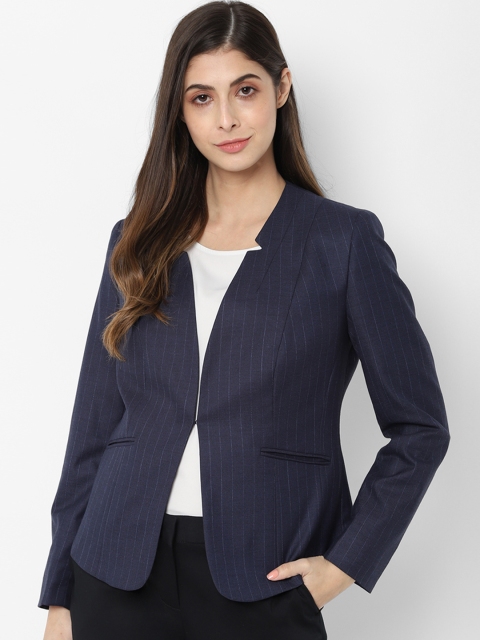 

Allen Solly Woman Navy Blue Striped Open-Front Casual Blazer