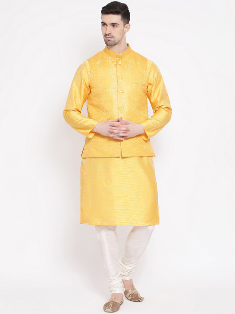 

NAMASKAR Men Yellow & Off-White Self Design Kurta with Churidar