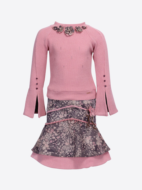 

CUTECUMBER Girls Pink & Grey Solid Top with Skirt