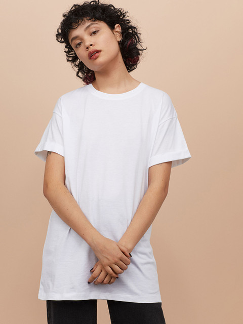 

HM Women White Solid Long Pure Cotton T-shirt