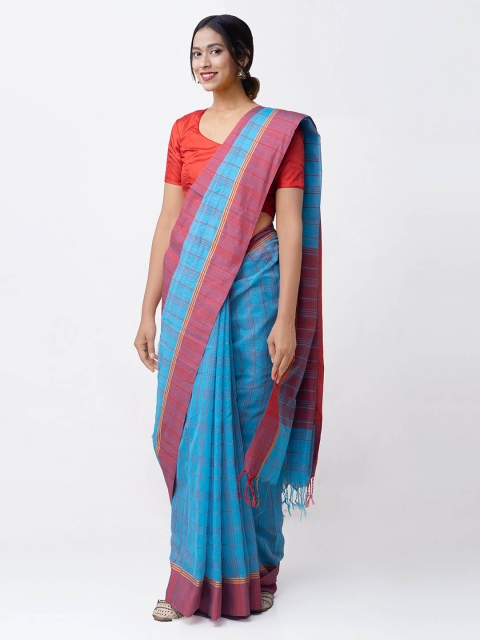 

Unnati Silks Blue & Pink Silk Cotton Striped Chanderi Saree
