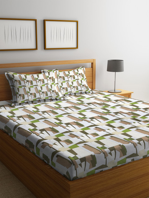 

Cortina Green & White Abstract 144 TC Cotton 1 King Bedsheet with 2 Pillow Covers