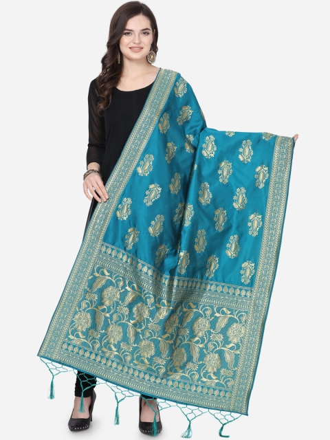 

Satrani Turquoise Blue & Gold-Toned Woven Design Banarasi Dupatta