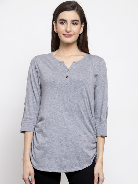

Kalt Women Grey Solid Henley Neck Longline T-shirt