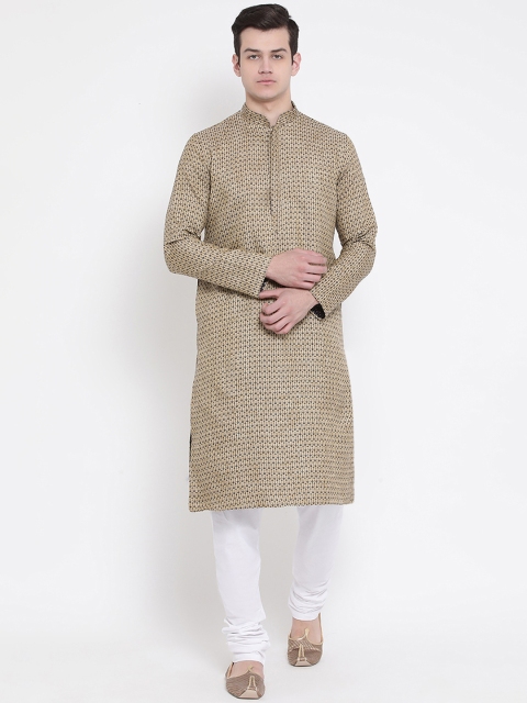 

NAMASKAR Men Beige & Navy Blue Woven Design Straight Kurta