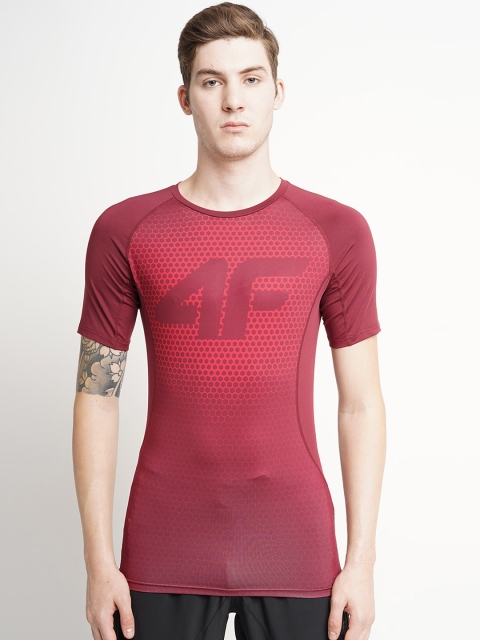 

4F Men Burgundy Slim Fit Printed Round Neck T-shirt