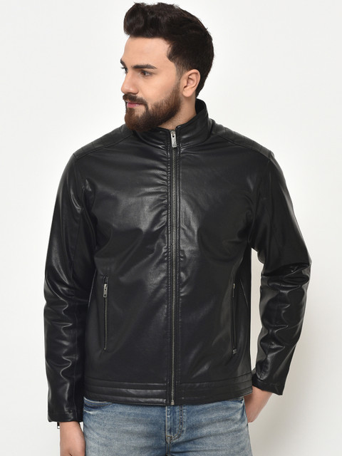 

Duke Men Black Solid Leather Jacket