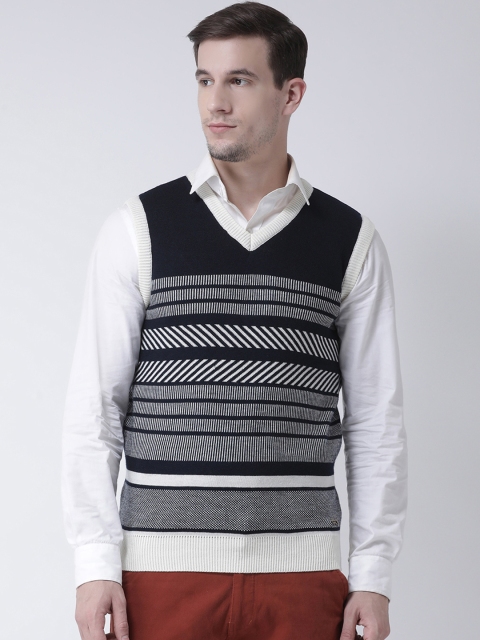 

Club York Men Navy Blue & White Striped Sweater Vest Sweater