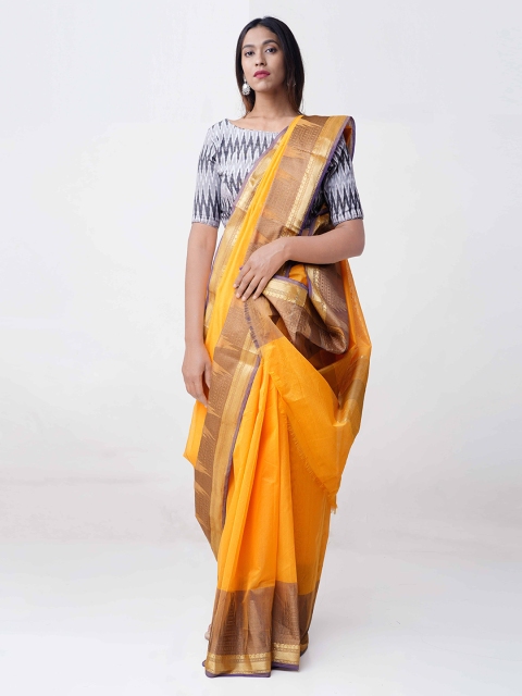 

Unnati Silks Yellow & Brown Silk Cotton Solid Saree