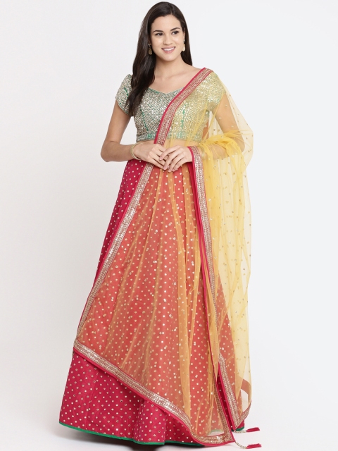 

Koskii Fuchsia Pink & Green Embroidered Ready to Wear Lehenga & Blouse with Dupatta