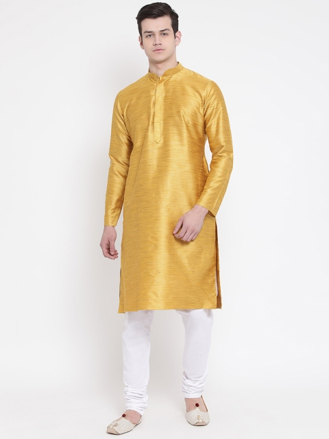 

NAMASKAR Men Mustard & White Self Design Kurta with Churidar