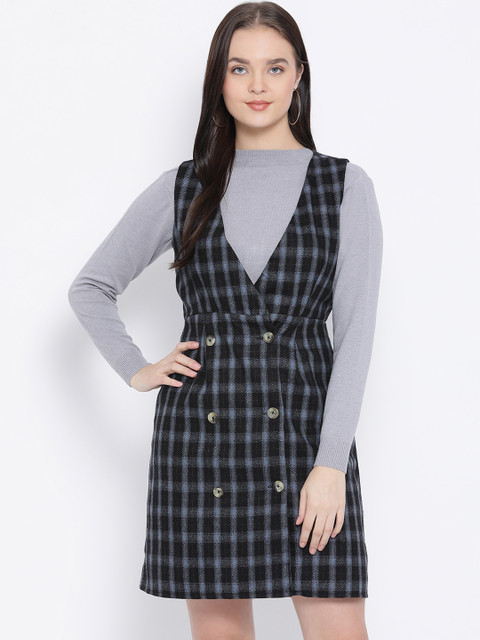 

Oxolloxo Women Black Checked Wrap A-Line Tux Dress