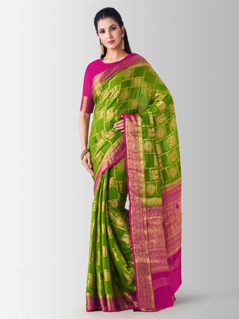 

Mitera Green & Gold-Coloured Poly Chiffon Embellished Kanjeevaram Saree