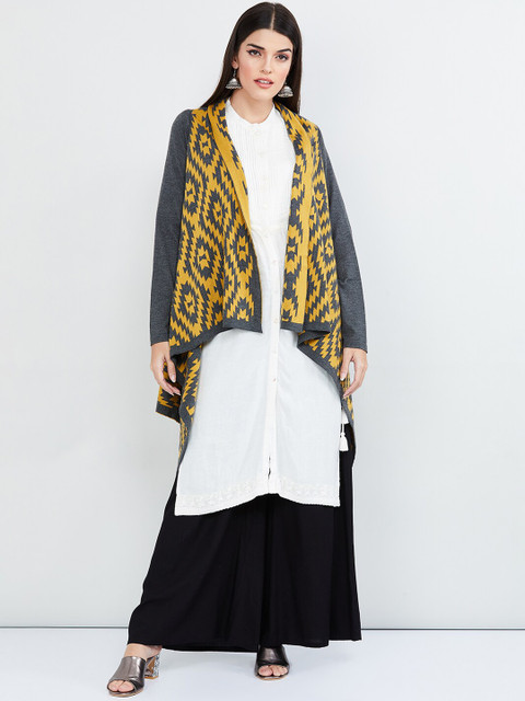 

max Women Grey & Yellow Self Design Open Front Shrug