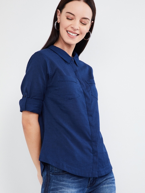 

max Women Blue Regular Fit Solid Casual Shirt