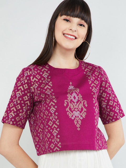

max Women Maroon & Beige Printed Linen Top
