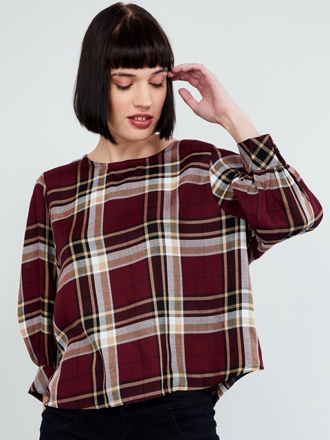 

max Women Maroon & WhiteChecked Boxy Top