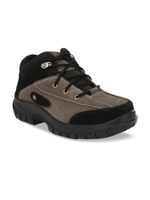 

mr.wonker Men Taupe & Black Colourblocked Leather Mid-Top Trekking Shoes