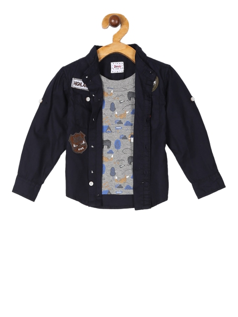 Donuts Boys Navy Blue Regular Fit Self Design Casual Shirt