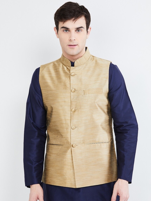 

max Men Gold-Coloured Woven Nehru Jacket