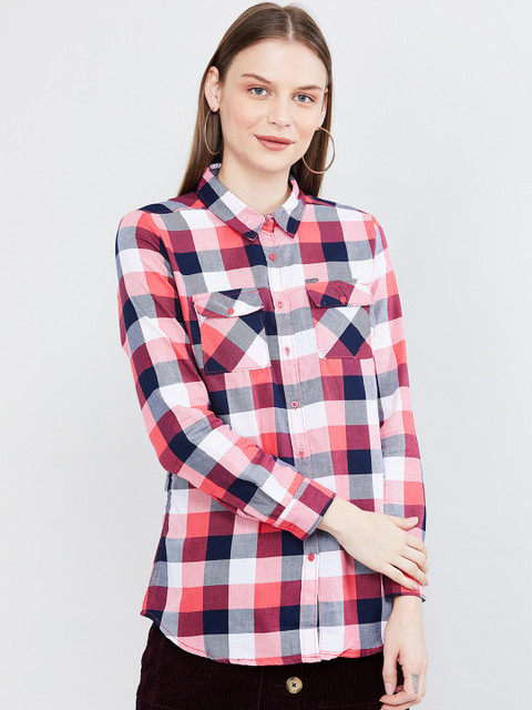 

max Women Pink & Navy Blue Slim Fit Checked Casual Shirt