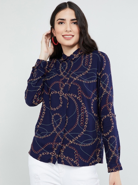 

max Women Navy Blue Regular Fit Printed Casual Shirt
