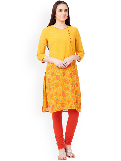 

IMARA Women Yellow & Red Printed Straight Kurta