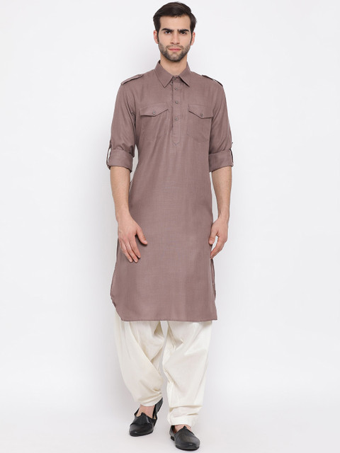 

VASTRAMAY Men Brown & Cream-Coloured Solid Kurta with Dhoti Pants