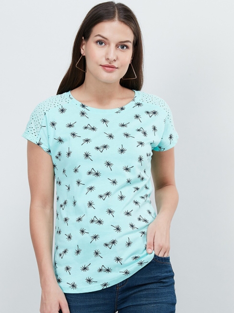 max Women Blue Printed Round Neck T-shirt