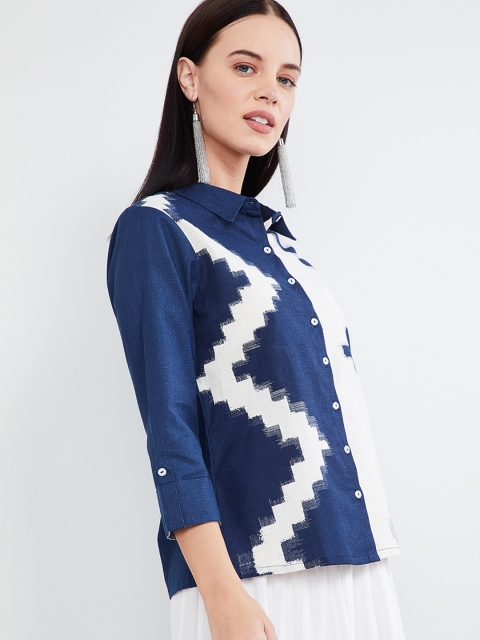 

max Women Navy Blue & White Colourblocked Shirt Style Top