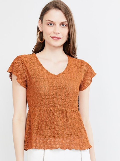 

max Women Brown Self Design Knitted Peplum Top